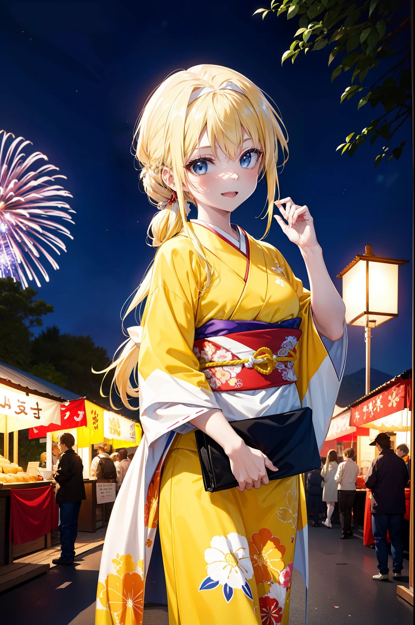 Alicesburg, Alice Zuberg, bangs, blue eyes, Blonde, Hair between the eyes, Long Hair,Flower Hair Ornaments,hair tied back, hair band, white hair band,Yellow Kimono,happy smile,smile, Open your mouth,Fireworks in the night sky、Fireworks,The place is a fireworks display,Time is night,sunny day,Japanese Festivals,Summer festival food stalls,Red lantern,whole bodyがイラストに入るように
break outside, shrine,
break looking at viewer, whole body,(Cowboy Shot:1.5),
break (masterpiece:1.2), Highest quality, High resolution, unity 8k wallpaper, (figure:0.8), (Beautiful attention to detail:1.6), Highly detailed face, Perfect lighting, Highly detailed CG, (Perfect hands, Perfect Anatomy),