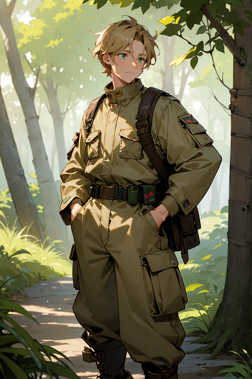 1male, light bronze hair, styled in a casual, wavy fashion, bright green eyes, relaxed expression, oversized beige field jacket with various pockets and patches, baggy brown cargo pants, rugged hiking boots, a leather utility belt, natural forest background with dense trees and dappled sunlight, detailed face, hands to side, standing on path