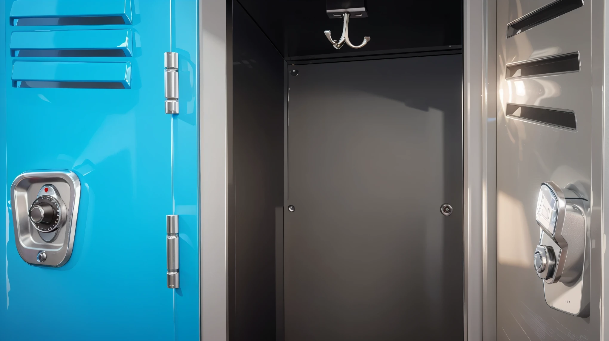 In the picture you can see two school lockers: one blue, the other gray. The handles are removed one by one, and there are ventilation slots and a mechanical lock with a dial for combinations. The blue locker is assigned, and the gray one is closed. The original locker appears empty, with visible signs of wear, such as sagging and obstruction.___vibrant contrast to his attire and accessories.аffects render, (glossy plastic texture with multiple big light probe refractions), perfect cgi, smooth silhouette, high intensity refraction, (super glossy plastic material), most beautiful vfx, , realistic, 4k, high resolution, rim light, smooth 3d model, multiple light sources, rim light, sharp post effects render,, realistic, 4k, high resolution, rim light detailed digital art, reflective, best quality, 4k, masterpiece:1.2, ultra-detailed, realistic, vivid colors, The image of the highest quality, ensuring every detail showcased perfectly. It in 4k resolution, allowing viewers to immerse themselves in the richness of the colors and intricate details. The realistic rendering. under the spotlight, reflecting, high-resolution image, realistic rendering