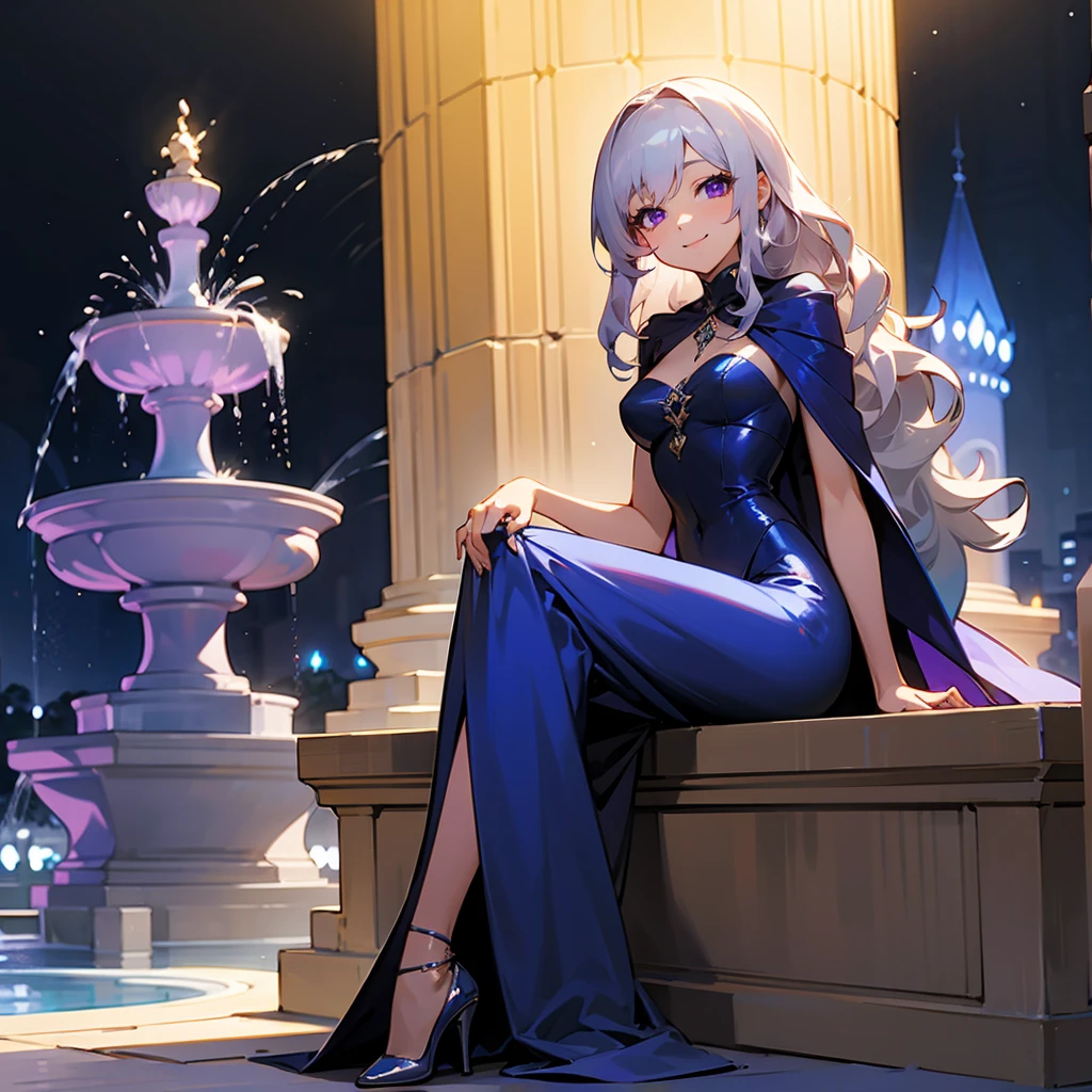 1female, Silver Hair, Blue Evening Gown, Wavy Hair, Silver Shawl, High Heels, Purple Eyes, Smiling, Slender, Adult Female, Castle, Sitting by a Fountain