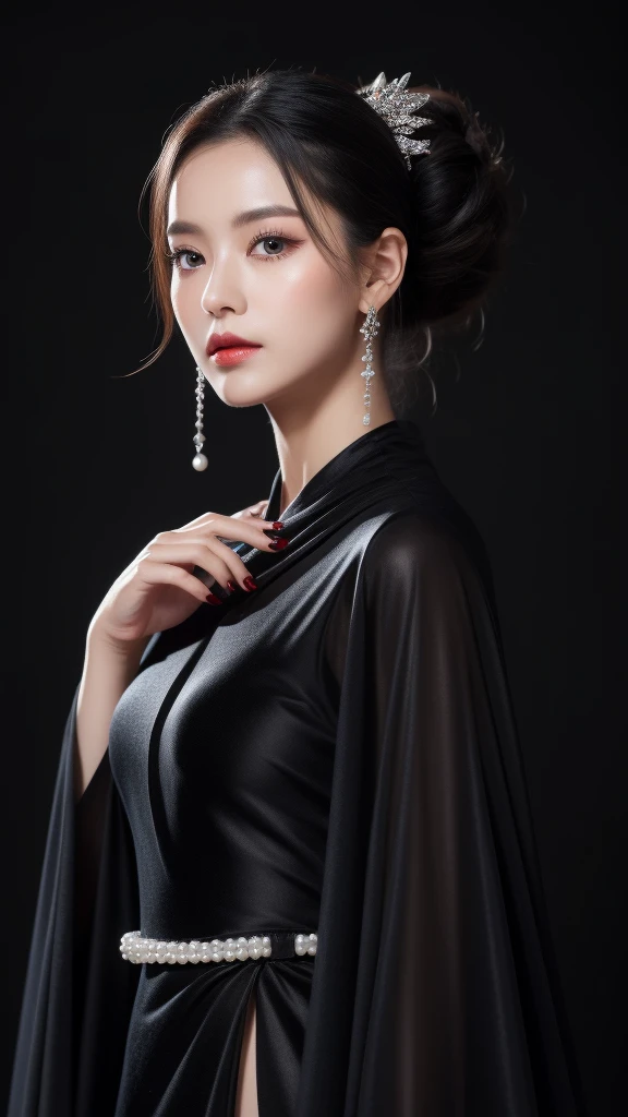 (8k,Best Picture Quality,A high resolution,full bodyesbian,Dynamic Lighting,Faraway view)Noble princess costume on a black volcano,Appearance, makeup, clothing needs to show a unique and mysterious temperament。Here are some hints and details,Help you create this image:
1. appearance:
- Pale skin:Her skin takes on a pale grayish hue similar to that of volcanic rock,Looks transparent and smooth。
- Eyes like stars:Her eyes were like the deep night sky,The black pupils seemed to be able to devour all light。
- High bun:She coiled her thick, dark hair high,Paired with delicate hair accessories,It's like a black gemstone set on top of your head。
2. Makeup:
- Smoky eye makeup:Her eye makeup features a deep charcoal gray and shiny silver tone,The eyes reveal mystery and coldness。
- Red lips:Her lips were bright as blood,Apply a layer of dark red lipstick,Highlight her nobility and majesty。
3. clothes:
- Gorgeous dresses:She wore a black silk dress,It was like black waves undulating on her,Embellished with precious stones and pearls,shimmering with an enigmatic twinkle。
-Cloak: Her cape is made of black velvet,Inlaid with silver silk thread,Like a shooting star in the night sky,Let her be like a shining star on the black volcano。
These descriptions can help you create a sense of mystery、Noble and charming image of a princess。Remember to use adjectives and detailed descriptions to express her character and the details of her dress。