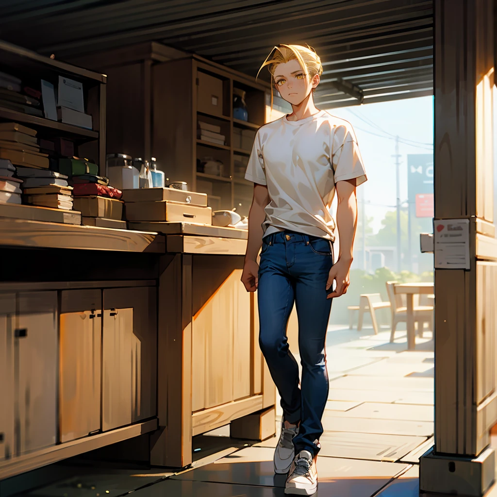 1male, Blonde Hair, White T-shirt, Slick Back Hair, Blue Jeans, Sneakers, Yellow Eyes, Focused Expression, Tall, Young Male, Market, Standing by a Stall