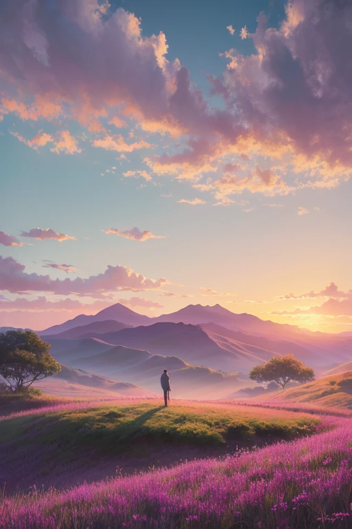 Highest quality、Landscape painting、Standing alone in the vast grassland、At dusk、Light purple sky