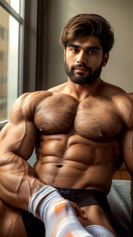 masterpiece, best quality, high resolution, closeup portrait, male focus, half body focus, A indian boy, 20 years old, with business suit, formal shoes and socks, brown hair, messy hairstyle, cute and seductive face, big chest, facial hair, roman nose, very skinny body, hairy legs, dimples, beard, bold jawline, his perfect big penis is coming out, masterpiece, below, amazing composition, front view, HDR, ultra quality, elegant, highly detailed, in sunlight