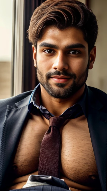 masterpiece, best quality, high resolution, closeup portrait, male focus, half body focus, A indian boy, 20 years old, with business suit, formal shoes and socks, brown hair, messy hairstyle, cute and seductive face, big chest, facial hair, roman nose, very skinny body, hairy legs, dimples, beard, bold jawline, his perfect big  is coming out, masterpiece, below, amazing composition, front view, HDR, ultra quality, elegant, highly detailed, in sunlight 