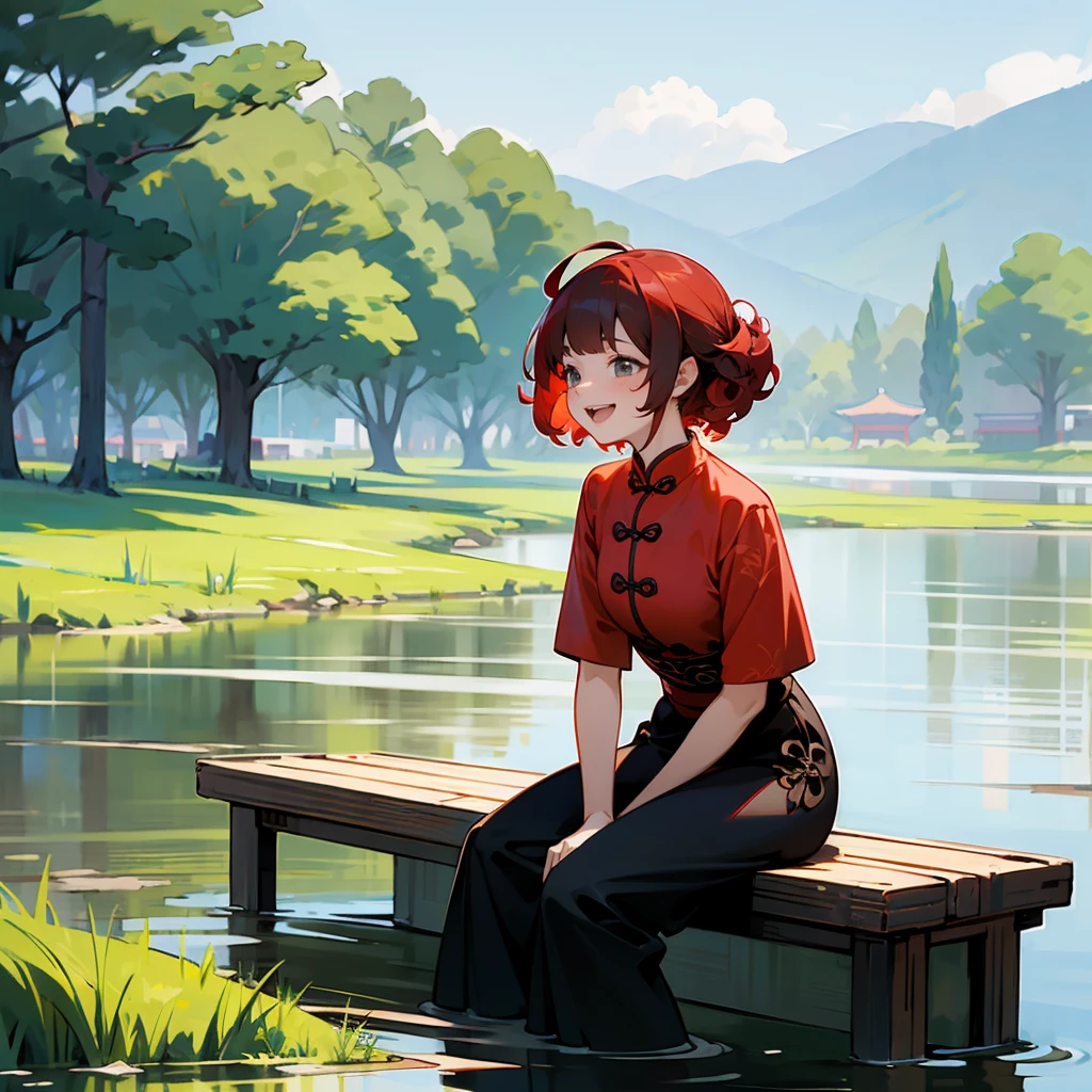 1female, Red Hair, Green Qi Pao, Curly Hair, Black Flats, Traditional Chinese Dress, Grey Eyes, Laughing, Slim, Adult Female, Riverbank, Sitting by the Water