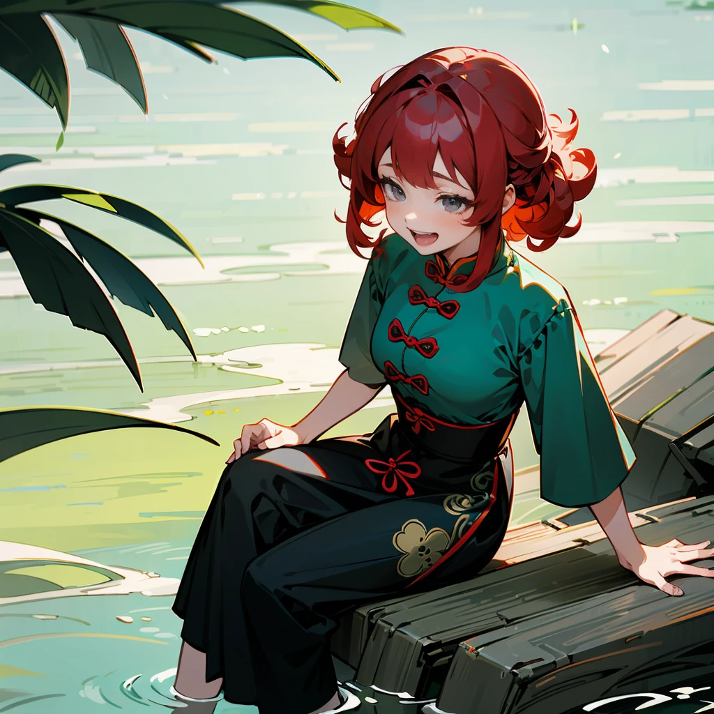 1female, Red Hair, Green Qi Pao, Curly Hair, Black Flats, Traditional Chinese Dress, Grey Eyes, Laughing, Slim, Adult Female, Riverbank, Sitting by the Water