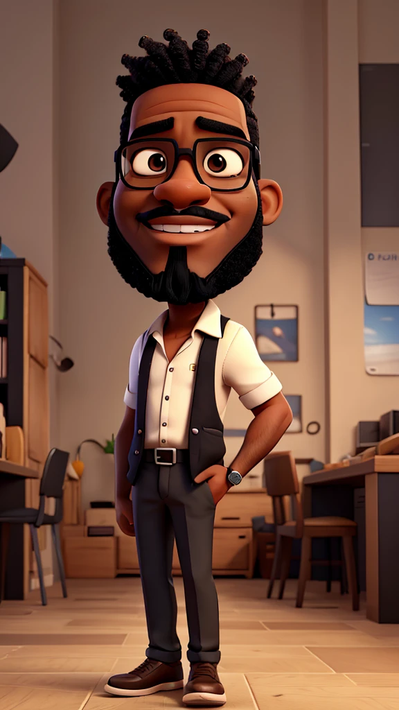 Cartoon a black man with a level beard, wearing glasses and short hair