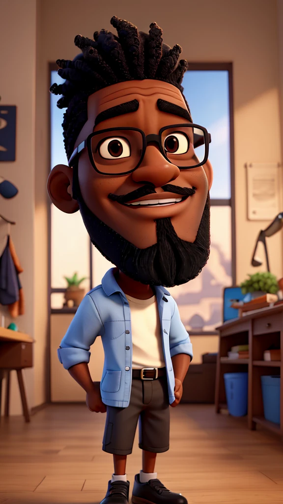 Cartoon a black man with a level beard, wearing glasses and short hair