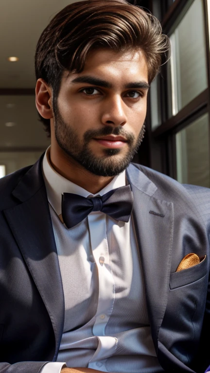 masterpiece, best quality, high resolution, closeup portrait, male focus, half body focus, A indian boy, 18 years old, with business suit, formal shoes and socks, brown hair, messy hairstyle, cute and seductive face, big chest, facial hair, roman nose, very skinny body, hairy legs, dimples, beard, bold jawline, his perfect big penis is coming out, masterpiece, below, amazing composition, front view, HDR, ultra quality, elegant, highly detailed, in sunlight