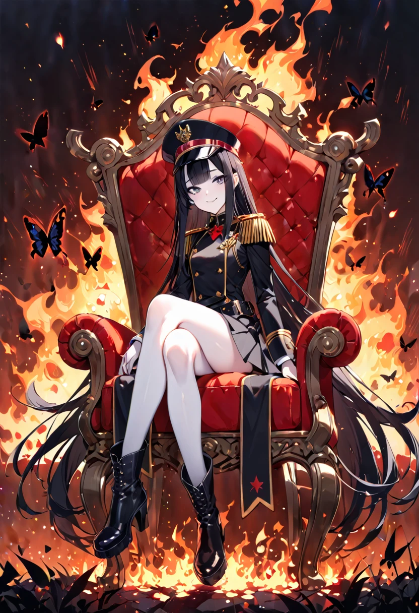 absurdres , highres, ultra detailed, (14yo 1girl:1.4), BREAK, female sitting,black crown seat,flaming seat, small breasts, black hair with glowing whilte lines, very long hair, (straight hair:1.4), blunt bangs, pale skin, hime cut, BREAK,, white clothes,black clothes, demon uniform, military hat, epaulettes, aiguillette, black high heel boots, BREAK, full body, crossed legs, happy, BREAK, black butterfly background,flaming background,simple background, flower, BREAK,,