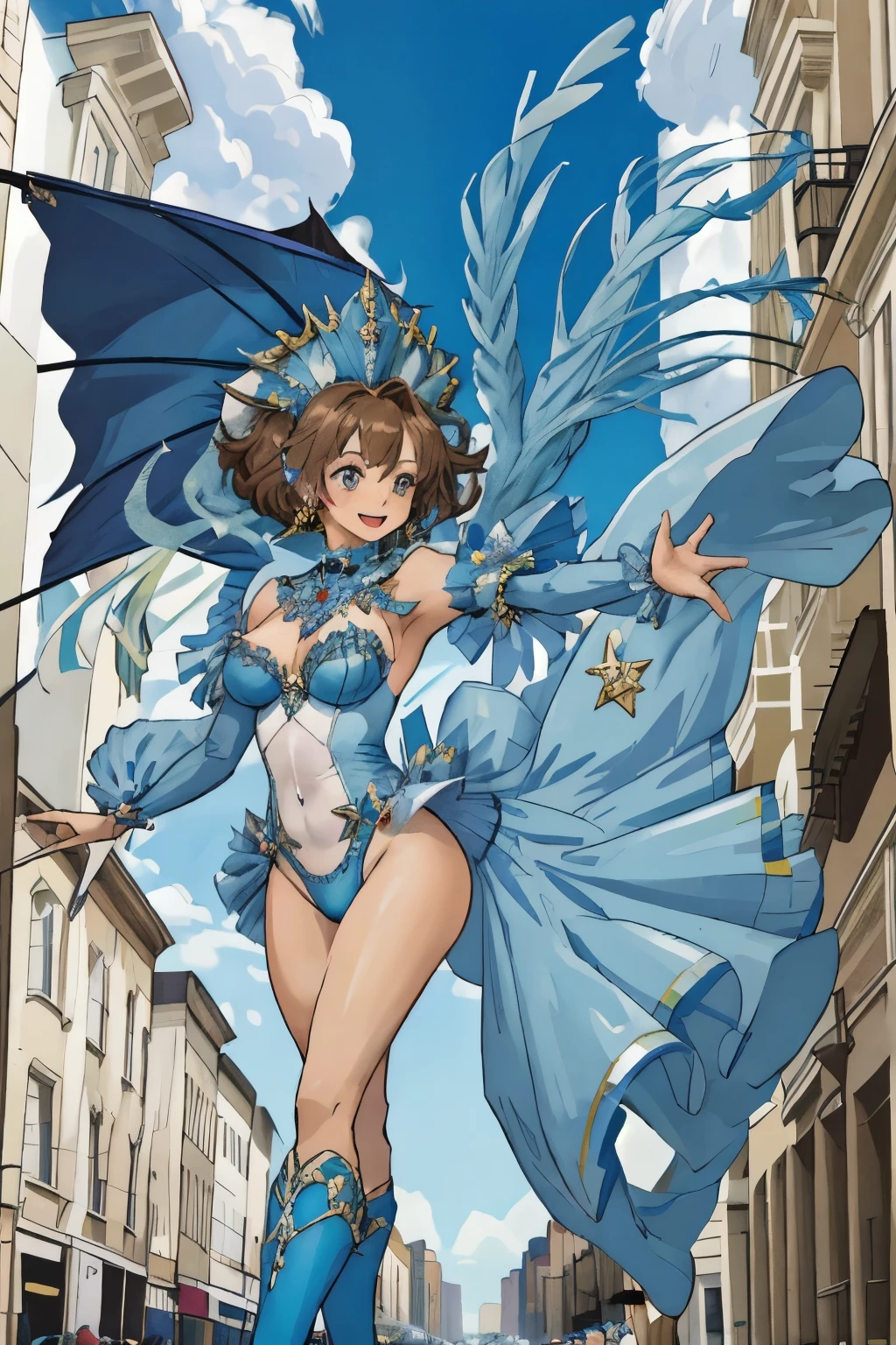 Highest quality, Official Art, masterpiece, Fabric Shading, High resolution, Very detailed, colorful, Best details, Blue high leg samba micro costume:1.5, Microwave is fine:1.9 Yuki Mori:1.5, 1 female, Age 25, Brown Hair, Medium Hair,Big Ass:1.9, {{{{{Dancing enthusiastically in a parade:1.9}}}}}, Standing on one leg, A bustling boulevard, sunny, skinny, {{Surrounded by male photographers:1.9}}, She has been photographed by many male photographers..:1.7, There is a snowstorm, Blessed, welcome:1.5, Camel Toe:1.9, Ground level shot
