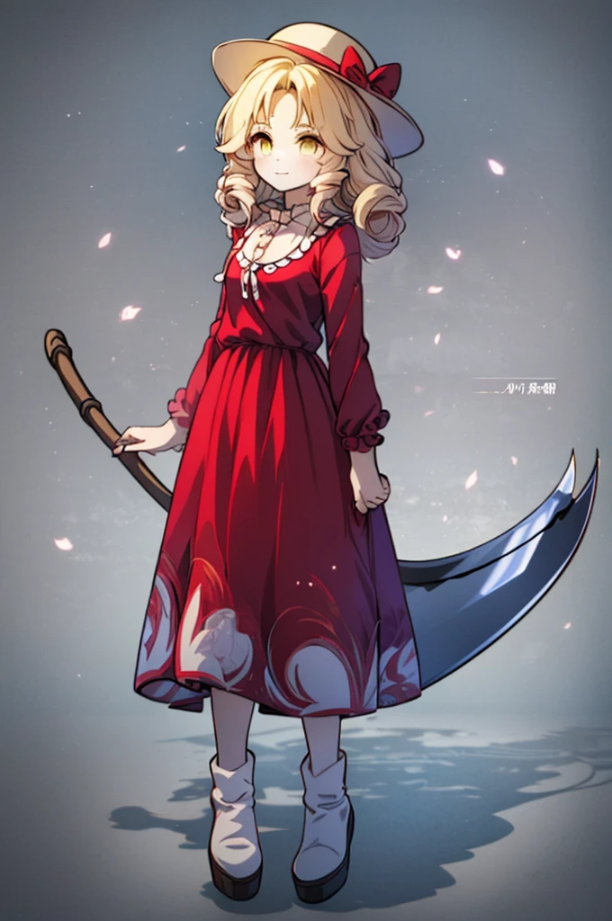 a drawing of an anime character in a red dress and boots with a large scythe, ((high end)), (UHD picture), (best quality,4k,8k,highres,masterpiece:1.2), top-quality(​masterpiece), top-quality, ultra-detailed, highly detailed texture, intricate details, high quality textures, masterpiece, best quality, perfect quality, perfect anatomy, perfect body, perfect symmetrical face, 1 beautiful girl, 1girl, , , 10 years old, (((****))), ((childish)), hat, white hat, blonde hair, long hair, parted bangs, drill hair, well-formed face, yellow eyes, red dress, dress, long sleeves, frills, red shirt, long skirt, simple background, scythe, holding scythe, holding, white socks, smile, cute face, beautiful, holding scythe