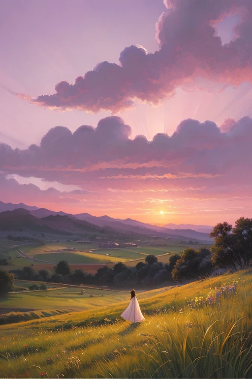 Highest quality、Landscape painting、Standing alone in the vast grassland、At dusk、Light purple sky