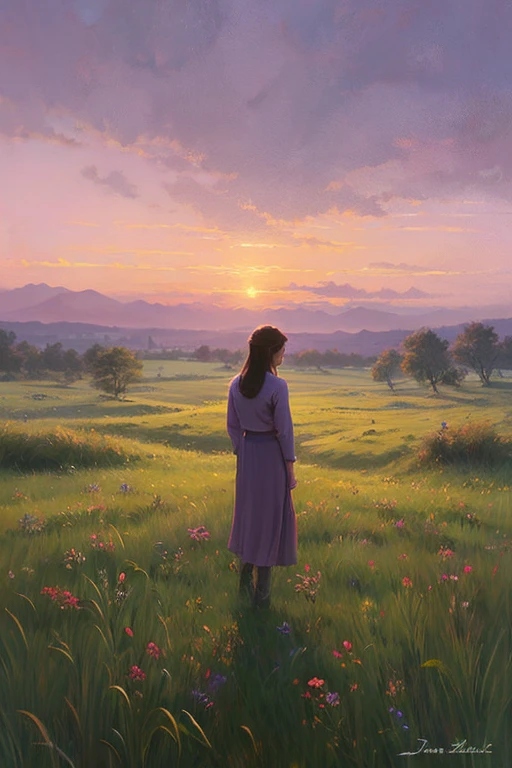 Highest quality、Landscape painting、Standing alone in the vast grassland、At dusk、Light purple sky