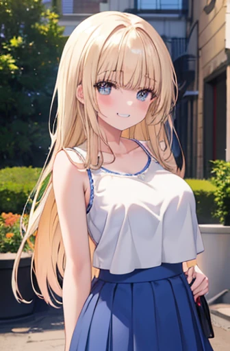(8k、Highest quality、Highest quality、masterpiece)、Detailed face、One Girl、、Long Hair、、Blunt bangs、Grey Eyes、smile、((Grin))、Large Breasts、((White camisole))、((Blue Skirt))、Cowboy Shot、((I had already finished))、Back Alley Background、非常にLarge Breasts 胸を露出している 裸の胸 が見えている 赤面している 恥ずかしい