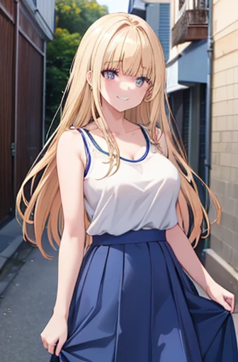 (8k、Highest quality、Highest quality、masterpiece)、Detailed face、One Girl、、Long Hair、、Blunt bangs、Grey Eyes、smile、((Grin))、Large Breasts、((White camisole))、((Blue Skirt))、Cowboy Shot、((I had already finished))、Back Alley Background、非常にLarge Breasts 胸を露出している 裸の胸 乳首が見えている 赤面している 恥ずかしい