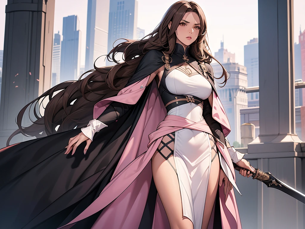 The character is one girl with long straight white hair and brown eyes. She is wearing a black bodycon dress with pink, she has a serious expression on her face, she is holding a sword. The other character is a tall slim guy with slightly curly brown hair standing behind her holding her waist 