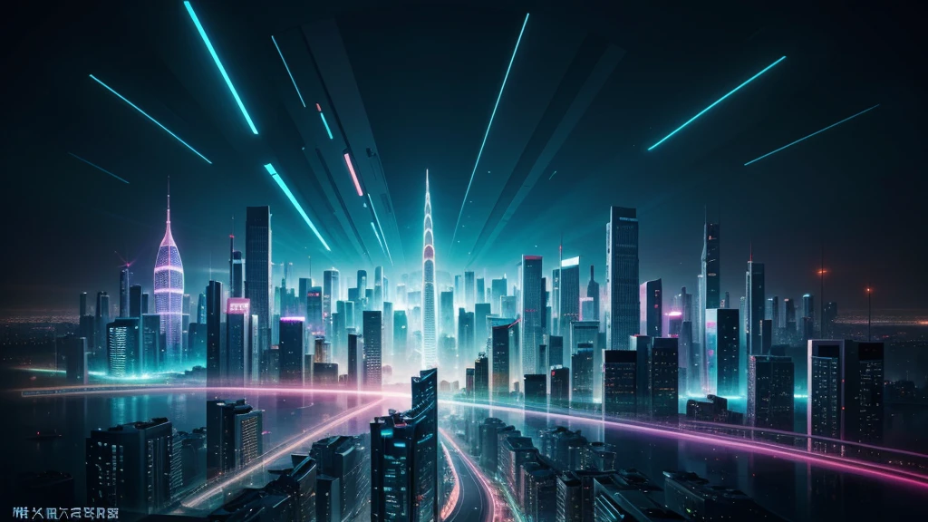 futuristic city, landscape, light abstraction, Cover art with light abstraction, vector art, Contemporary Chinese art, Gradient of color, Soft color palette, layered forms, Whimsical animation, The style is ethereal and abstract