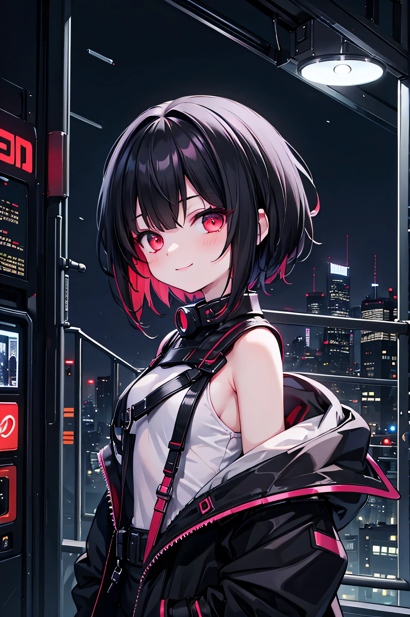 (masterpiece), cyber punk, city, night, Neon Light, city lights, One girl, Black hair, white base with red inner, short hair,Red Eye,hair ornaments,Around 16 years old,smile,
