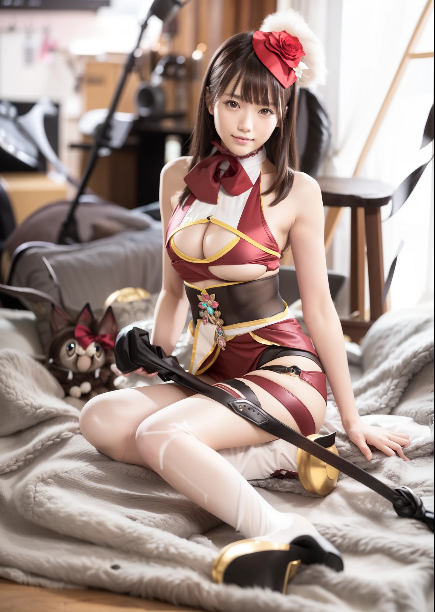 (best quality:1.5), (masterpiece:1.5), very detailed, high resolution, 8k, cute Japanese woman, cute 24 year old beauty, slim body, (busty ), thin lips, detailed face, Beautiful and elegant face, cute face, natural bangs, arched eyebrows, well-groomed eyebrows, (big eyes with a good balance between the left and right sides), cute eyes, beautiful eyes, beautiful thin nose, (beautiful skin), medium Hair, Brunette hair, black hair, (natural bangs), (Round and cute face:1.2), slim figure, (looking at the camera with a Gentle smile), beautiful legs, smooth skin skin, slim and beautiful thighs, cute and  slim 24 year old woman, fair skin , Beautiful , (Slender and slim body:1.5), (Slim waist:1.8), (slim :1.8), ((slim :1.8)), I-type Valley, (cleavage), (Natural Light:0.8), (lighting forward:0.8), (lighting front:0.8), (Flat lighting:0.8), Relaxed smile, Detailed fingers, beautiful hands, (Round face:1.4), ( dress), Beautiful cleavage, ((Underboob)),