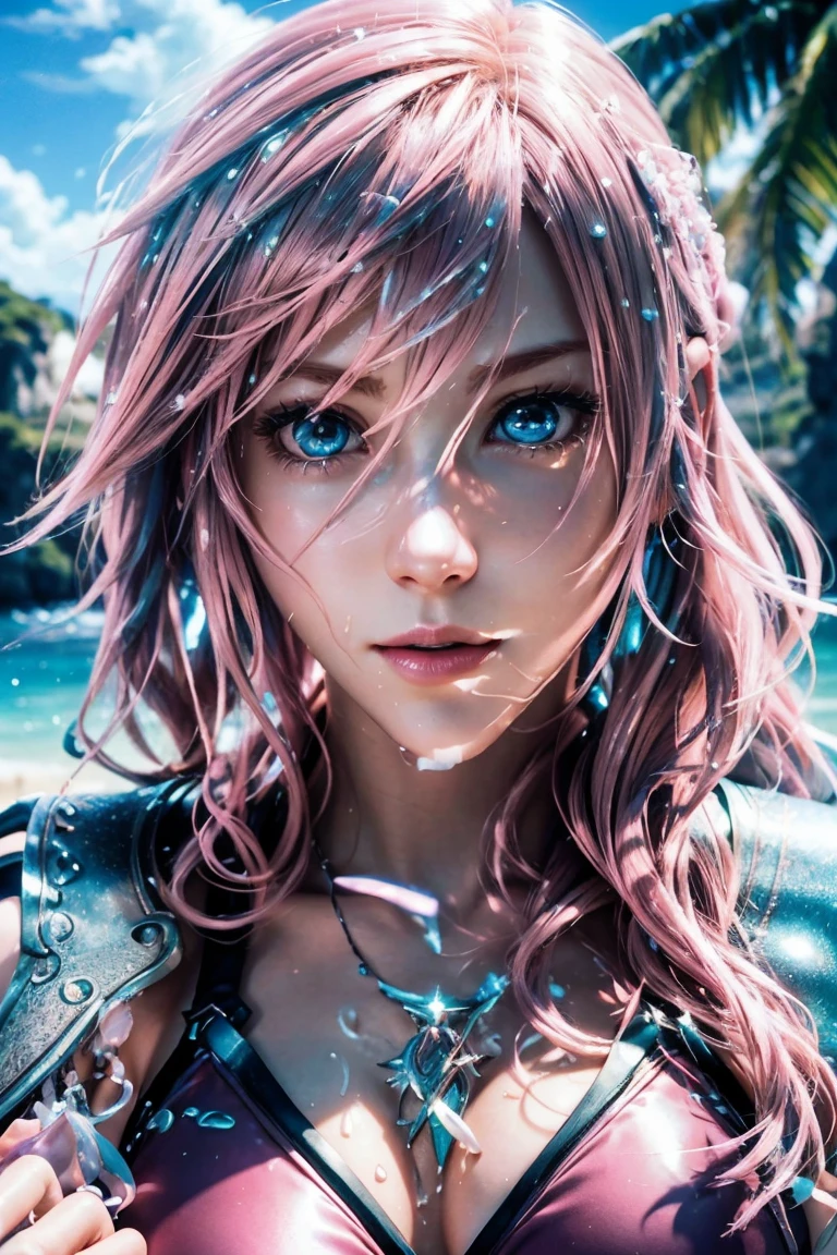 Lightning,Final Fantasy 13,Pink Blonde,Medium Hair,Light perm hair,Hair curled to one side,Let your bangs down,Beautiful Blue Eyes,Beautiful and high nose,Ultra HD,high quality,masterpiece,Digital SLR,Detailed explanation,Intricate details,Anatomical basis,Detailed Description,Detailed face,Realistic skin texture,Sharp details,Perfect Anatomy,Perfect Anatomy,Anatomically correct hand,Anatomically correct fingers,Super Detail,Complex 3D rendering,Sexy pose,Swimwear,Wet,Beautiful blue sky,Beautiful beaches,Fantastic beaches,Fantasy worldview,Picturesque,Pink Lips,smile,Brighten up your expression,