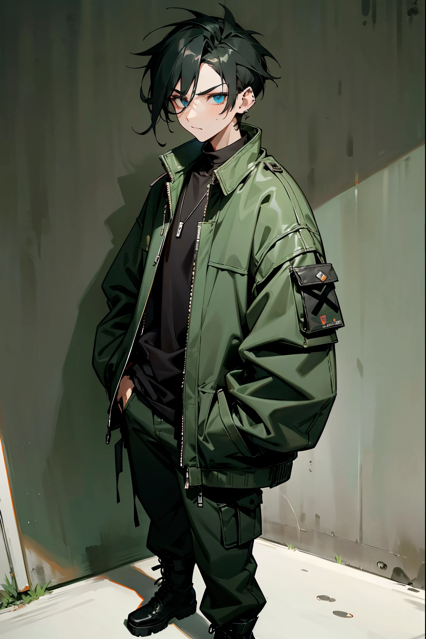1male, jet black hair, styled in a messy undercut with a longer top, piercing icy blue eyes, enigmatic expression, oversized dark green bomber jacket with subtle metallic details, baggy dark brown cargo pants with multiple pockets, sleek black combat boots, a minimalistic silver pendant necklace, edgy urban alley background with graffiti and neon accents, detailed face, hands to side, standing on path