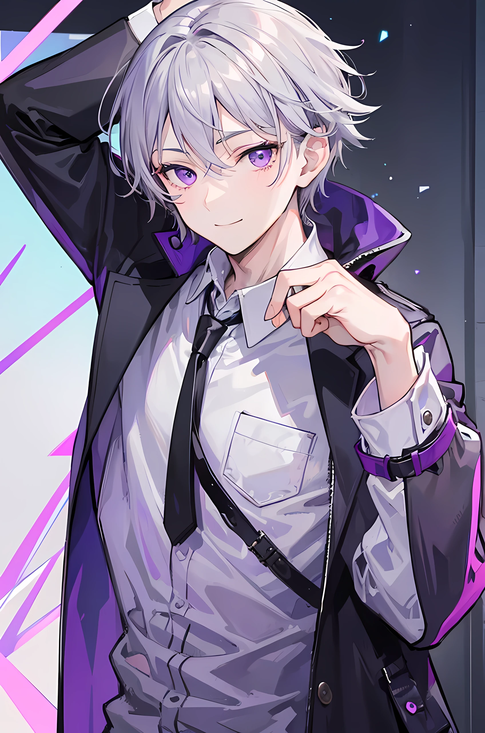 Young boy, grey hair, purple eyes, smile face, modern style, handsome man, cool boy, bad boy, teenager