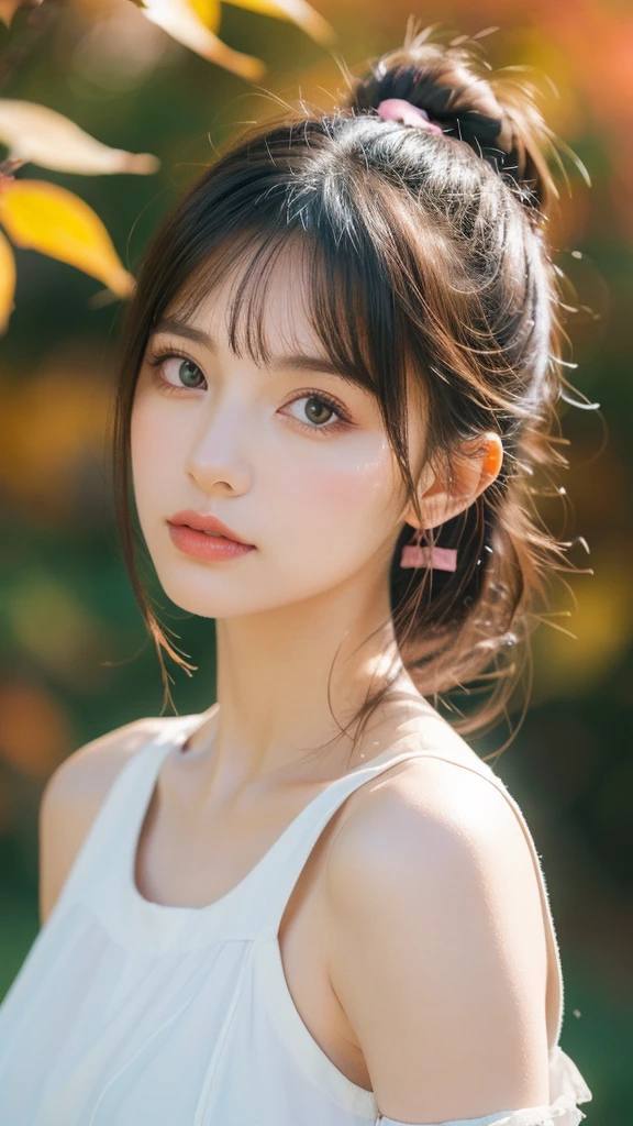 (8k, Highest quality, masterpiece:1.2),(Highest quality:1.0), (Ultra-high resolution:1.0), watercolor, Beautiful woman, shoulder, Hair Ribbon, Agnes Cecil, Half Body Portrait, Very bright and luminous design, pastel colour, (ink:1.3), Autumn Light,