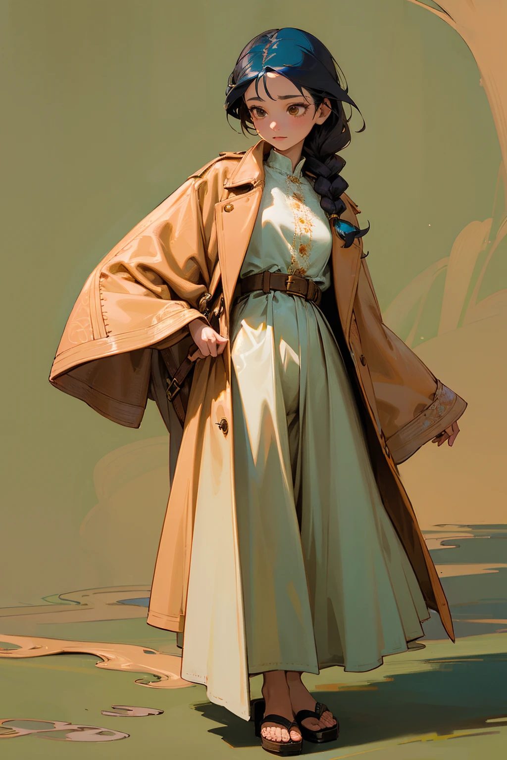 1female, deep teal hair, styled in a loose side braid, golden brown eyes, whimsical expression, oversized peach-colored trench coat with delicate floral embroidery, baggy white culottes, strappy brown sandals, a simple braided leather belt, enchanting garden background with blooming flowers and a gently flowing stream, detailed face, hands to side, standing on path