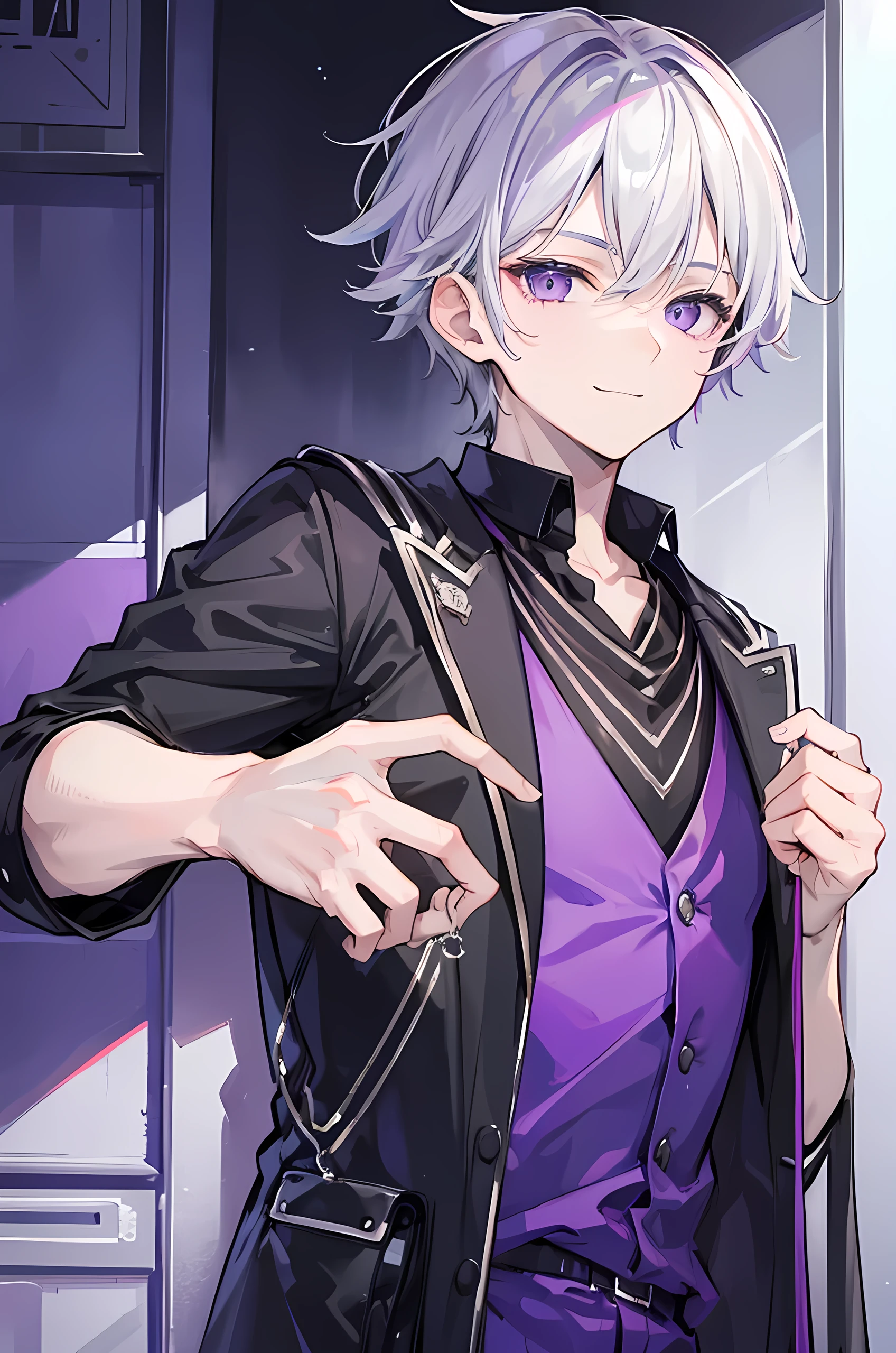 Young boy, grey hair, purple eyes, smile face, modern style, handsome man, cool boy, bad boy, teenager