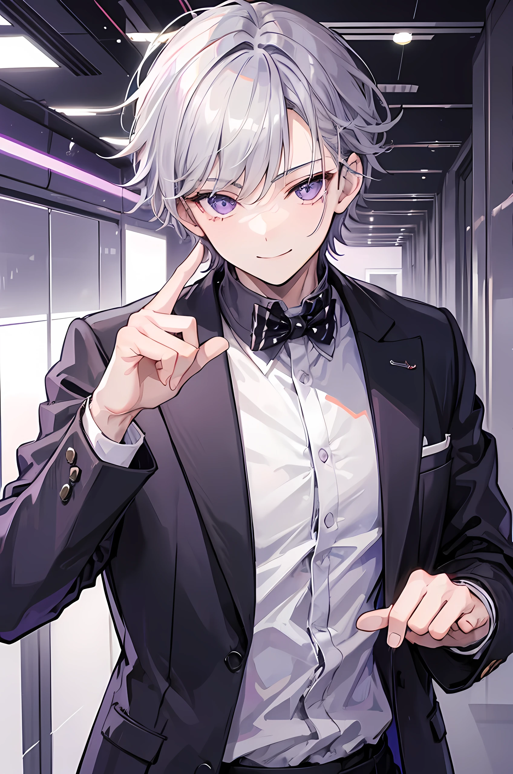 Young boy, grey hair, purple eyes, smile face, modern style, handsome man, cool boy, bad boy, ager