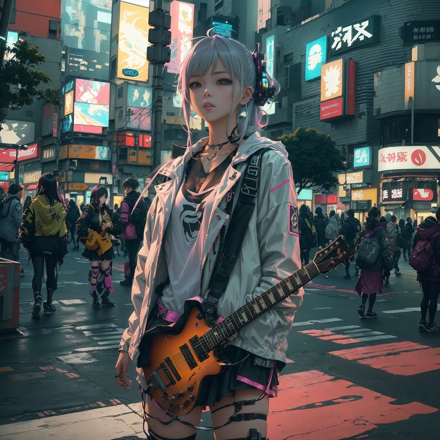 Anime girl playing guitar in the middle of a busy city, In Cyberpunk City, Gweiz-style artwork, ハイパーリアルなCyberpunk Style, Cyberpunk Anime Girl, Cyberpunk Style, In a cyberpunk city, Cyberpunk art style, Digital Cyberpunk - Anime Art, Digital Cyberpunk Anime Art, Cyberpunk atmosphere, cyberpunk streets in japan, cyberpunk In a cyberpunk city