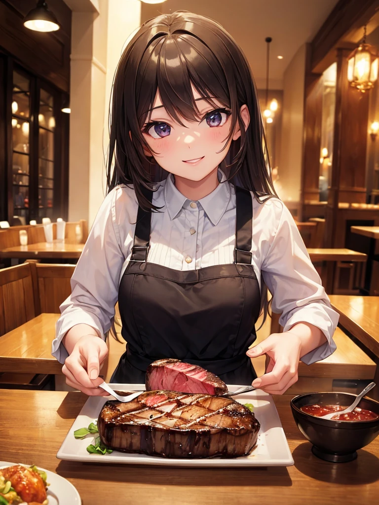 (masterpiece:1.5),(Beat quality),(high res),1girl solo,beautiful face,smile(shining eyes),upper body,light effects,Plainclothes woman,steak,restaurant