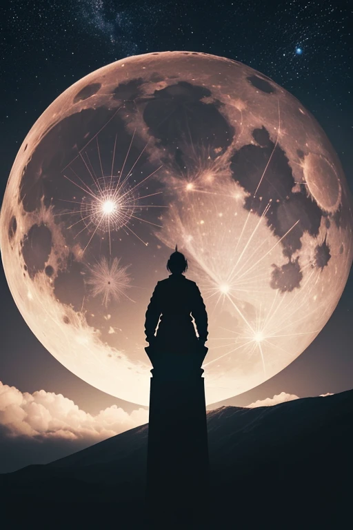 Highest quality,Big moon and shadow,A silhouette of a person can be seen against the backdrop of a large moon.,There is one full moon,There is a mood,Beautiful scenery,Starry Sky