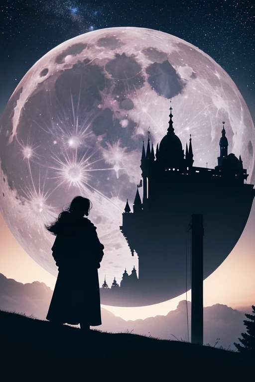 Highest quality,Big moon and shadow,A silhouette of a person can be seen against the backdrop of a large moon.,There is one full moon,There is a mood,Beautiful scenery,Starry Sky