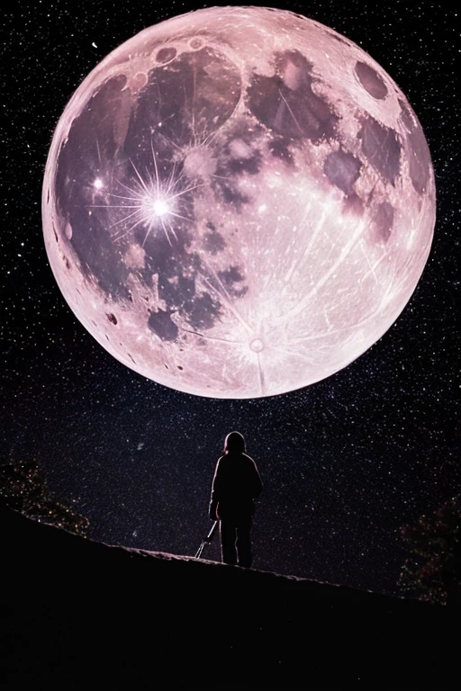 Highest quality,Big moon and shadow,A silhouette of a person can be seen against the backdrop of a large moon.,There is one full moon,There is a mood,Beautiful scenery,Starry Sky