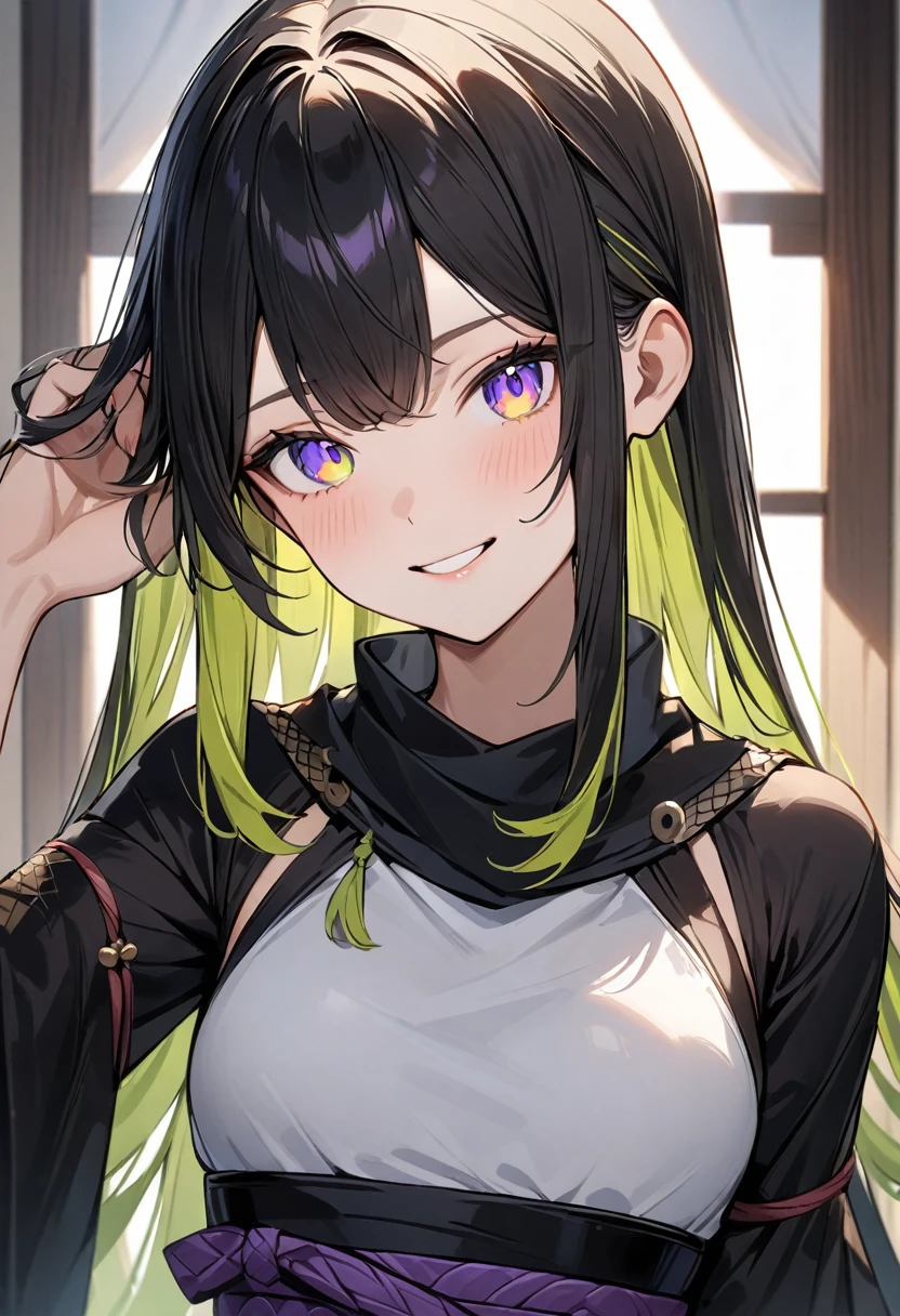 (masterpiece, top quality, very aesthetic, 4k、illustration), intricate detail, 1woman,contrapposto 、hand on own Hair,(upper body)、(),Cute 、light smile、Random Hair Color、,middle hair,sidelock ,Random Color eyes、ninja clothes、small breasts、Slim 、