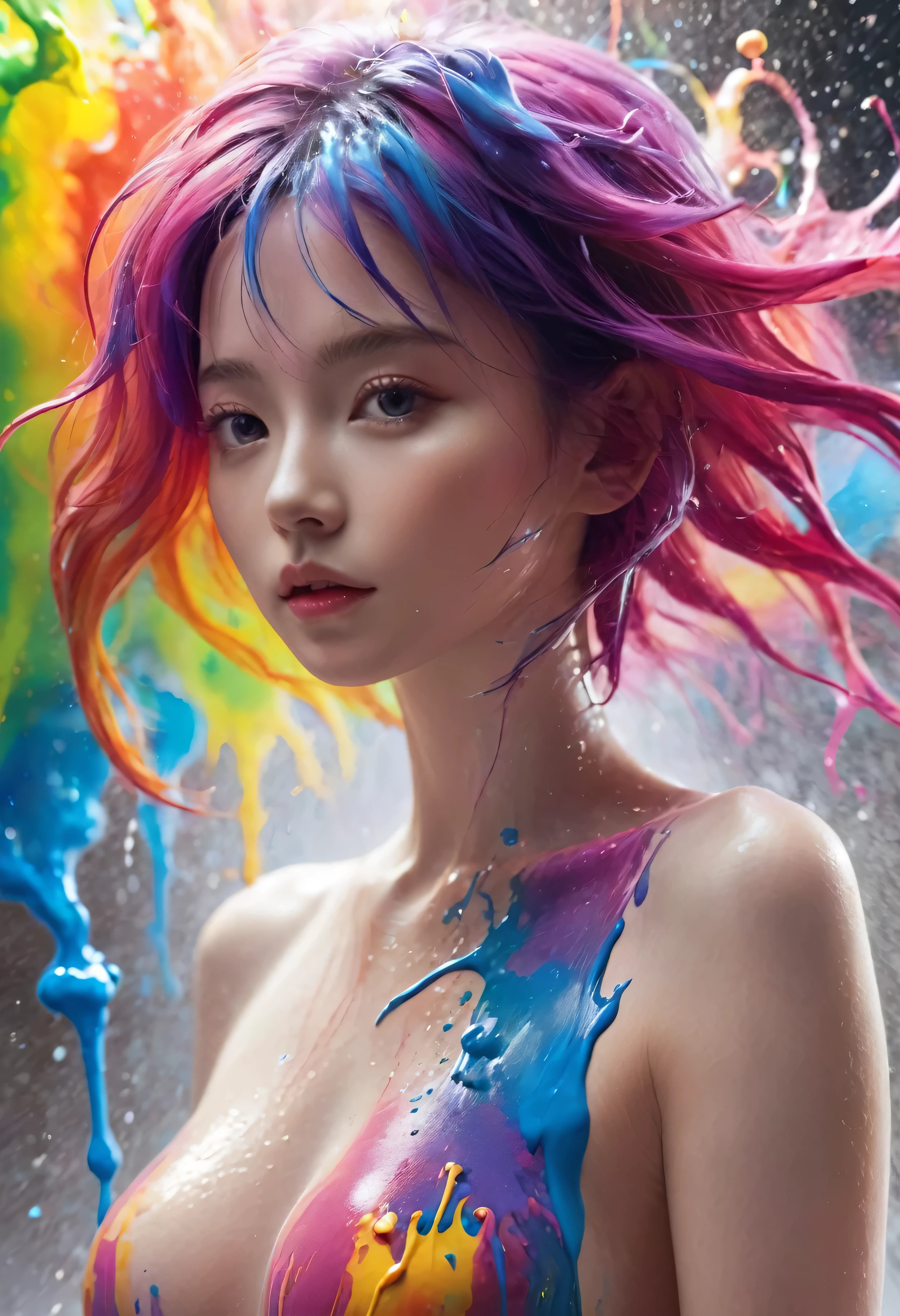 (Level Difference:1.8),(Paints collide and splatter on the canvas),(Depth of written boundary),(Flat Color:1.1,(theme)),1 girl,Poster,, Young face, (Liquid dye applied to naked skin:1.4), Full body woman love,Strong winds,thick smoke,,(liquid dye for rainbow hair:1.1) Painted，anti-gravity,stringy viscous liquid,(Paint splashes:1.3),liquidity,Stunningly beautiful, masterpiece, Detailed Background,Super high quality model, Fantastic Background,Abstract Beauty, Volume, Painting,Blowing,Romantic lighting,Scattered beneath the surface,Shine,8k,High resolution, wonderful,Ray Tracing,Human Development Report,Divine Light,