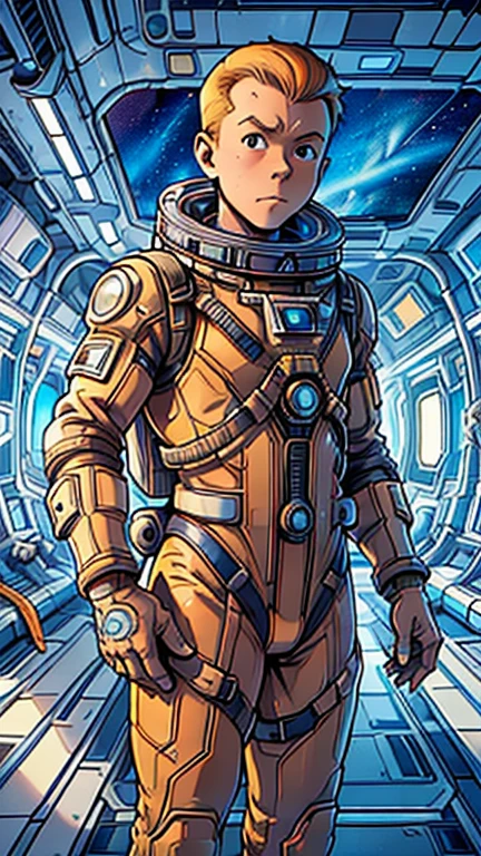 (1man, Tintin,1boy), (extremely detailed CG unit 8k wallpaper),(master part), (best quality), (ultra detail), (best illustration),(style of Dan Mumford), cowboy shot, (Sharp eyeliner, ombre, detailed eyes:1), Outer Space Station interiors background, ,break , (astronaut in an orange space suit), upper body,short hair ,blonde hair,