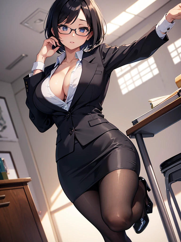 masterpiece, best quality, high definition images, atmospheric perspective, expressive eyes, perfect face, ultra detailed, solo, 1mature seductive woman, pinup, sexy pose, alluring pose, female teacher, black short bob hair, simple glasses, business suit, jacket, blouse, cleavage, pencil skirt, tight mini skirt, lifting skirt, black panties, curvy, thighs, pantyhose, high heals, open legs, in study room,