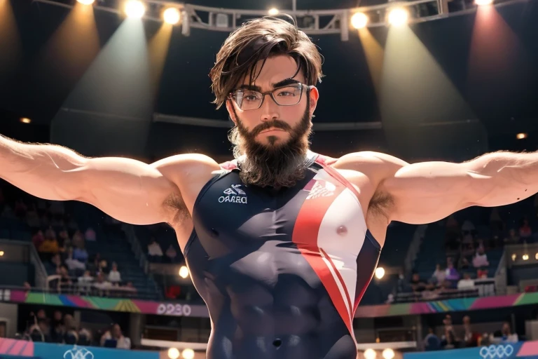 male, alone, ((Yossan)), beard, Glasses, Gymnastics服, Gymnastics, 器械Gymnastics, Perfect Pose, The beauty of muscles, Softness, Concentration during the performance, Spotlight, audience applause, Olympic logo on background