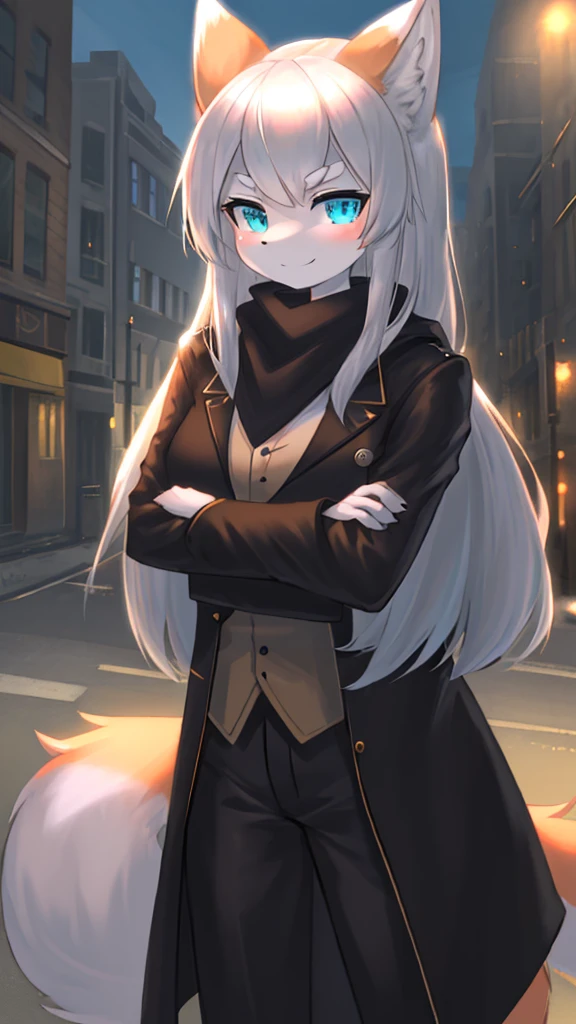 (NSFW), One girl, Fox Ears' Fur, Fox Ears, Aqua Eye, Bangs, Black Coat, Prominent Chest, Button, Coat with Arms Crossed, Fox Girl, High Resolution, Large Chest, Long Hair that Sways, Partially Unbuttoned Coat Exposing Skin, Roadside, Scarf, White Shirt Beneath, Short, Defined Eyebrows, Smile, Alone and Standing, Street View, Thick Eyebrows, Upper Body Focus, White Shirt with Button Detail, Tail Swinging from Below.