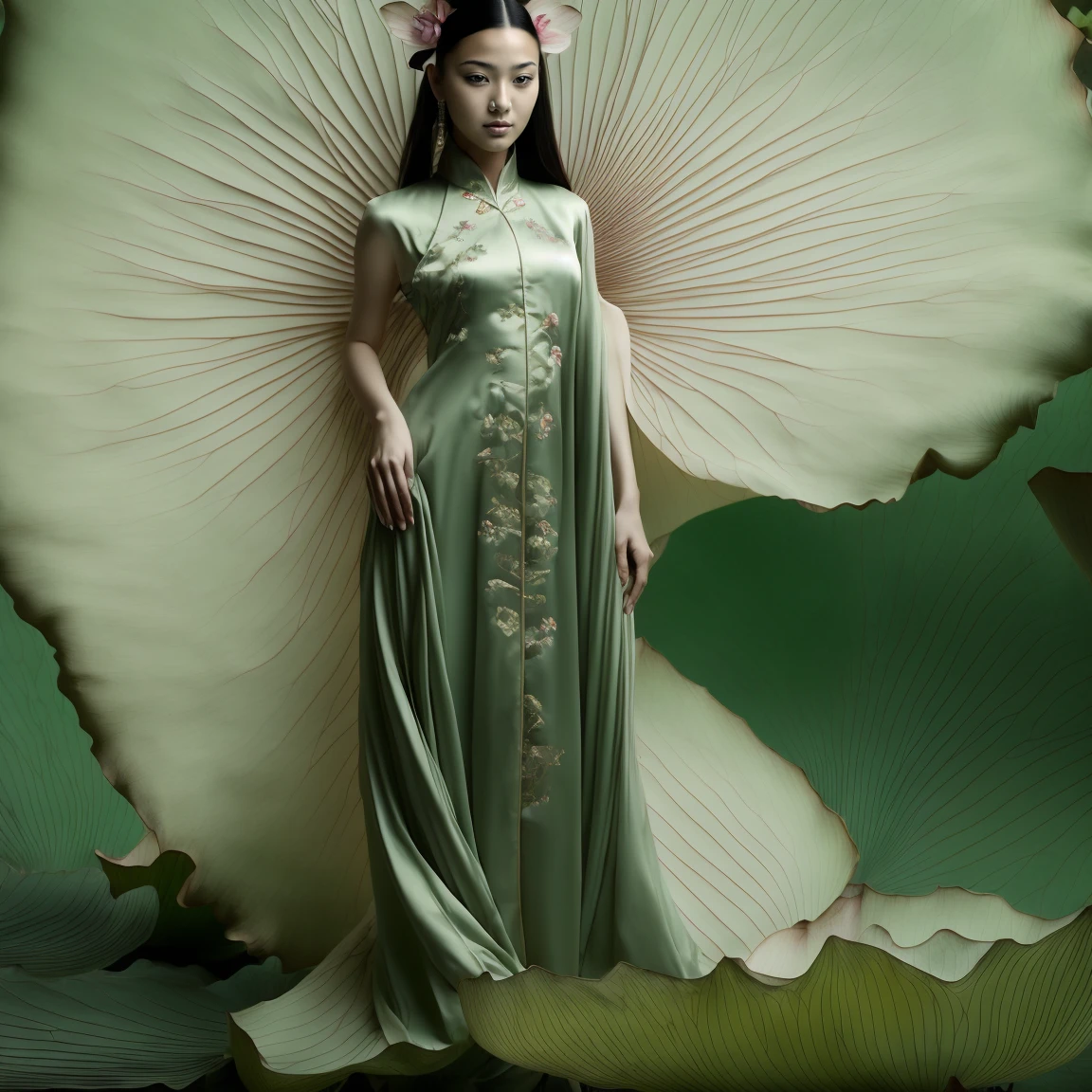 ((best qualityer)), ((work of art)), ((practical)), 1 girl, Lonely:2,lotus_ventail_faerie,close up，comely，dynamic action, anatomically correcte, traditional Chinese clothes, extremely details,full body shot shot