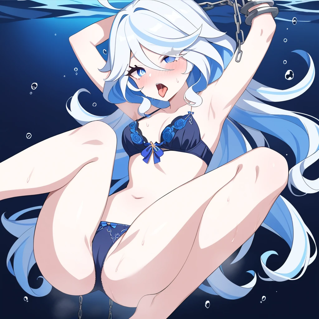 High quality,Furina(genshin impact),white and blue hair,blue eyes (glowing),long hair,no hat,Short ahoge,Showing bra,yandere face,sweat,tongue,look at viewe,chains are close to her panties,Showing her panties,ahegao,chains tied her legs and arms,underwater,chains are on her panties,many chains