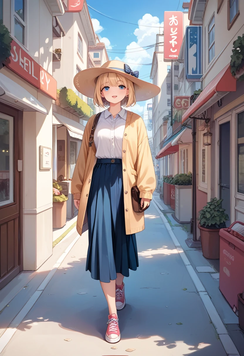 White,Blonde,semi-long,hat,One-piece ,Residential Street,Walking,There's a car in front of me