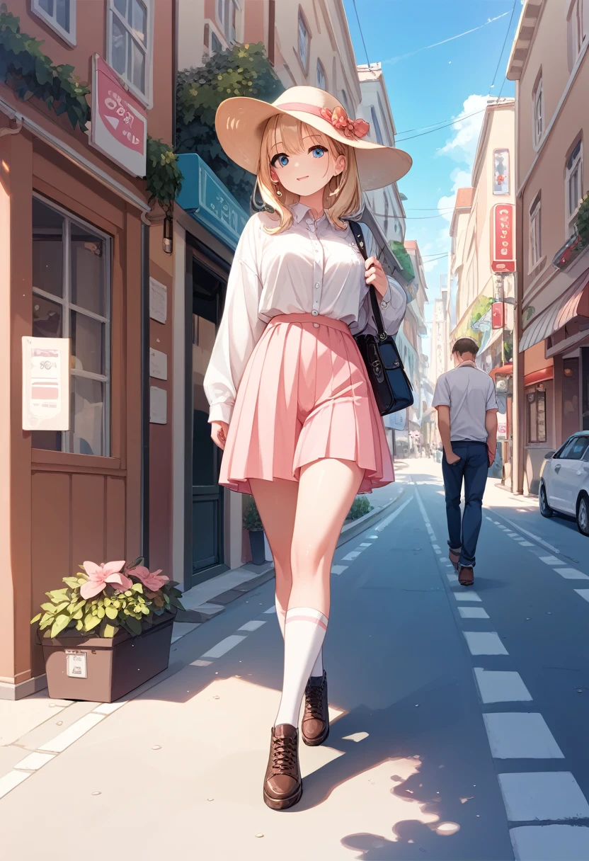 White,Blonde,semi-long,hat,One-piece ,Residential Street,Walking,There&#39;s a car in front of me