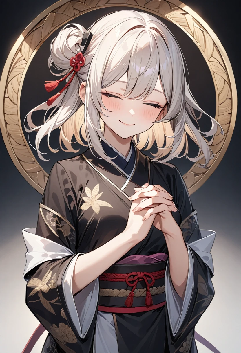 (masterpiece, top quality, very aesthetic, 4k、illustration), intricate detail, 1woman,contrapposto 、own hands clasped,(upper body)、closed eyes,(),Cute 、light smile、Random Hair Color、,middle hair,sidelock ,Random Color eyes、ninja clothes、small breasts、Slim 、