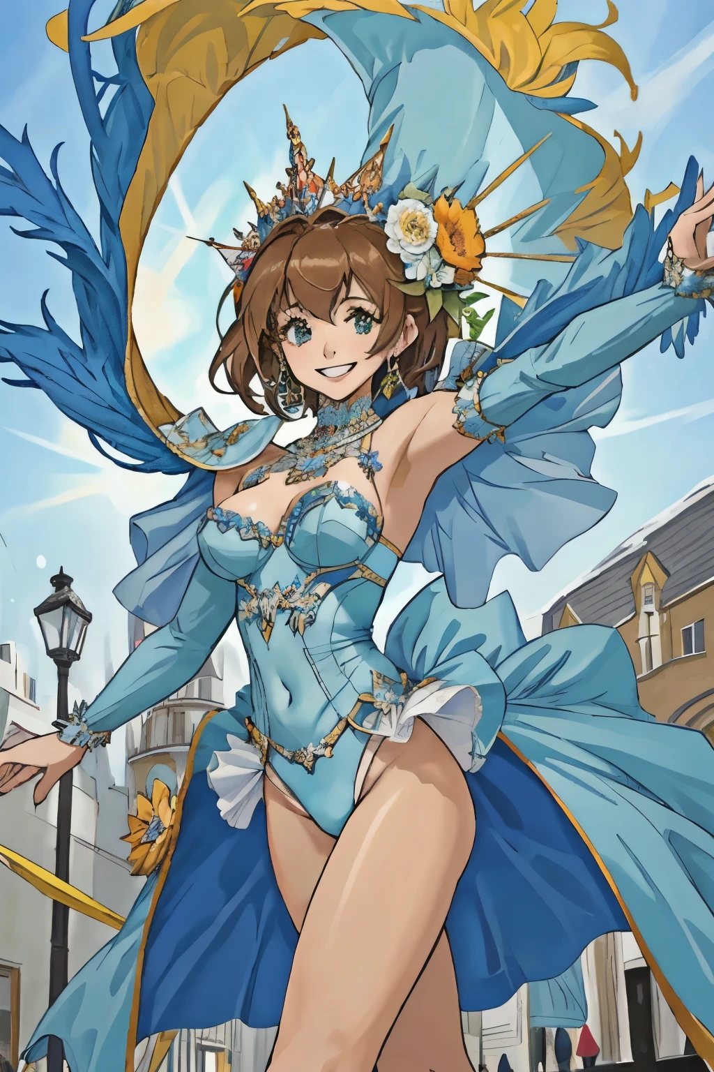 Highest quality, Official Art, masterpiece, Fabric Shading, High resolution, Very detailed, colorful, Best details, Blue high leg samba micro costume:1.5, Microwave is fine:1.9 Yuki Mori:1.5, 1 female, Age 25, Brown Hair, Medium Hair,Big Ass:1.9, {{{{{Dancing enthusiastically in a parade:1.9}}}}}, Standing on one leg, A bustling boulevard, sunny, skinny, {{Surrounded by male photographers:1.9}}, She has been photographed by many male photographers..:1.7, There is a snowstorm, Blessed, welcome:1.5, Camel Toe:1.9, Ground level shot