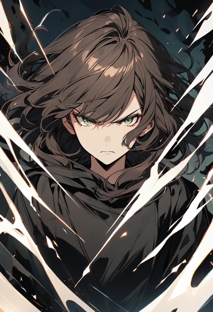 female,light skin ,dark green eyes,dark brown wavy hair(wolfcut),serious,black robes,serious 